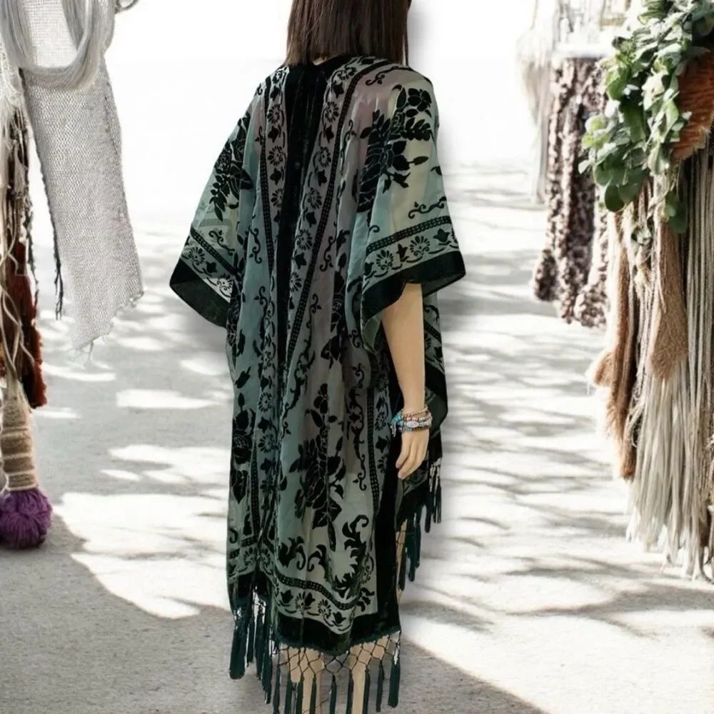 Dark Green Long Fringe Velvet Duster Jacket